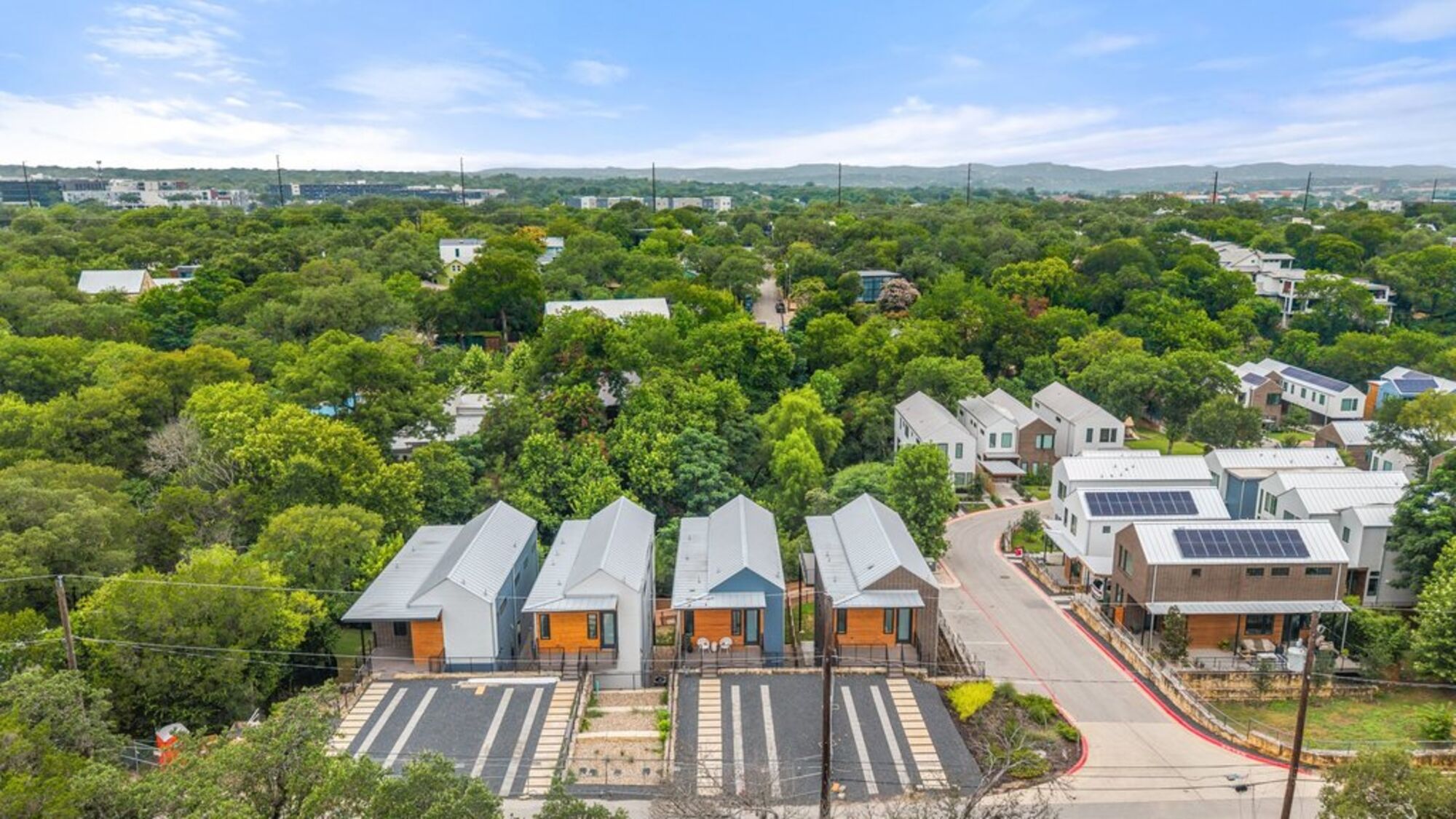 Aerial three-quarter view of the Frank West townhomes